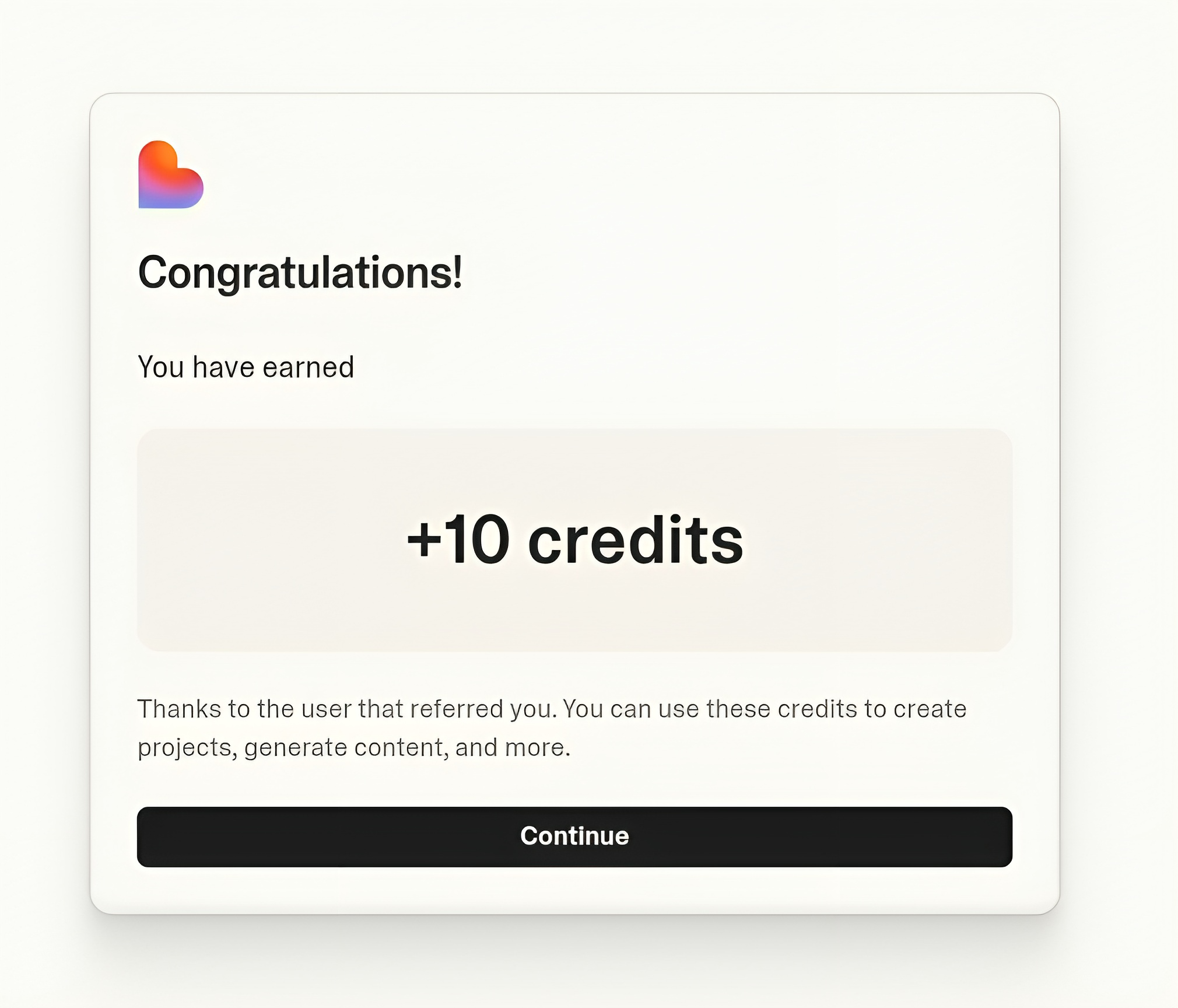 Congratulations message showing +10 credits earned through referral - Click to get your credits