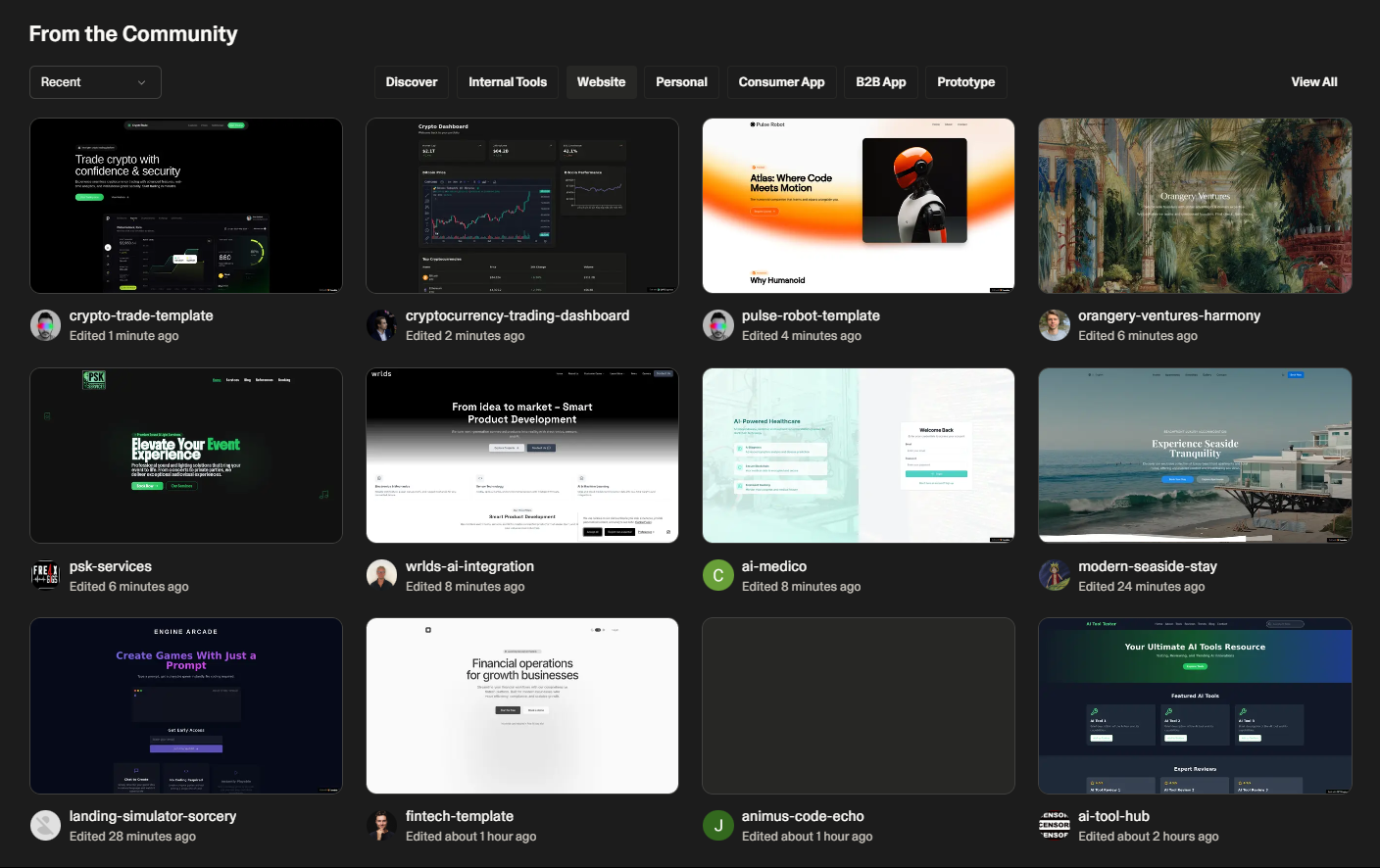 Community showcase showing diverse applications built by Lovable users including crypto trading dashboards, AI tools, healthcare apps, and more - Click to start building your own